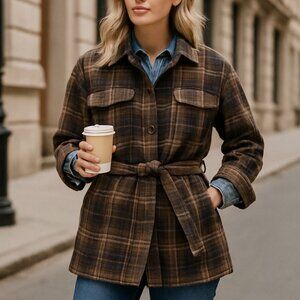 Double Zero women's plaid jacket shacket-style jacket brown tan Size Lg